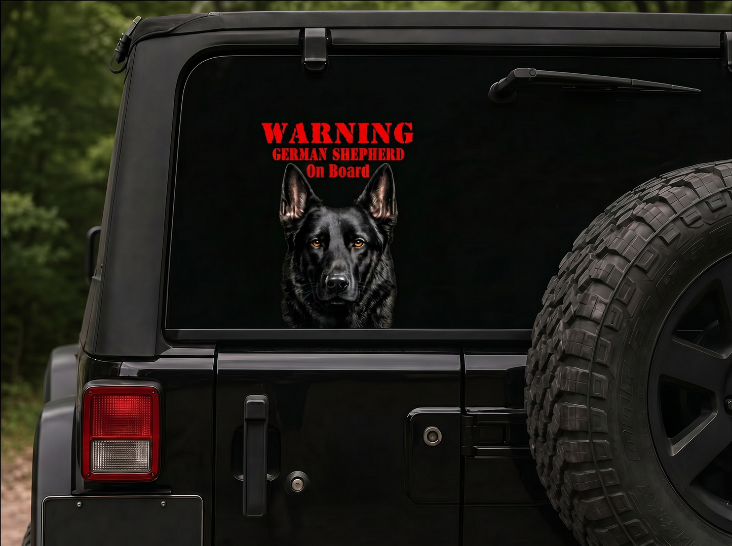 WARNING German Shepherd On Board UV decal applied to exterior of vehicle window — black GSD car sticker by GSDUSA