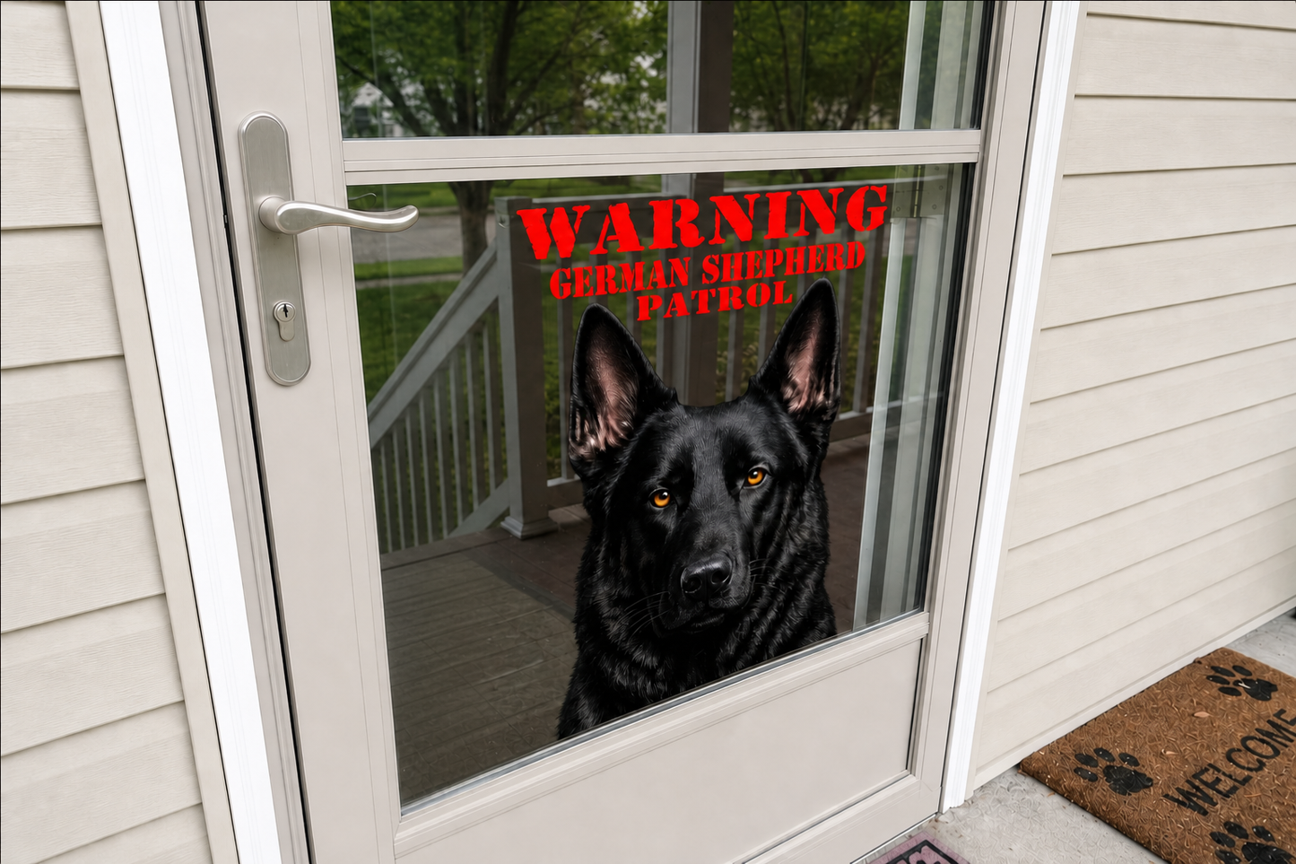 Large WARNING German Shepherd Patrol UV decal on entry door — weather-resistant black GSD security sticker by GSDUSA