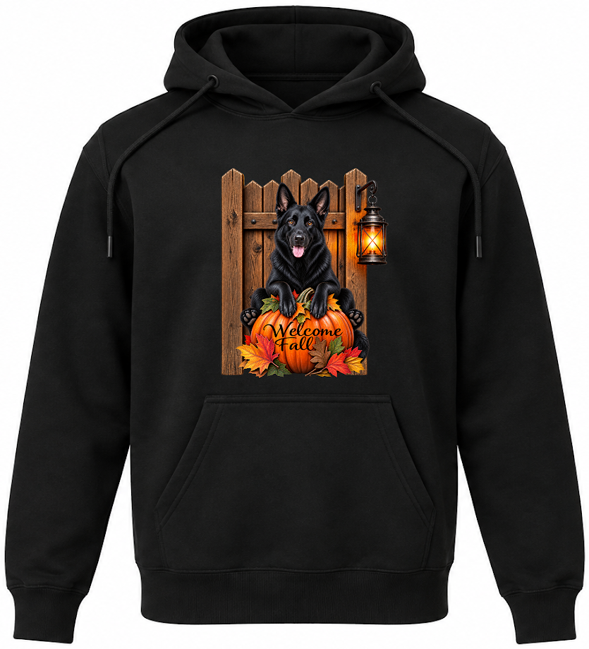 “Black pullover hoodie with Welcome Fall Black German Shepherd pumpkin design”