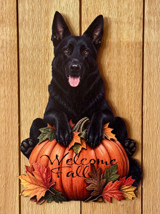 Black German Shepherd Sitting on pumpkin Fall wood decor