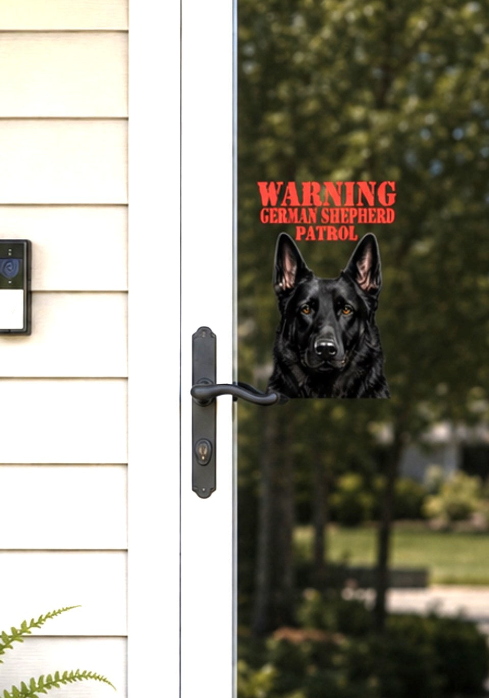 German Shepherd Patrol warning decal on front entry door — UV-printed GSD security sticker to deter intruders by GSDUSA