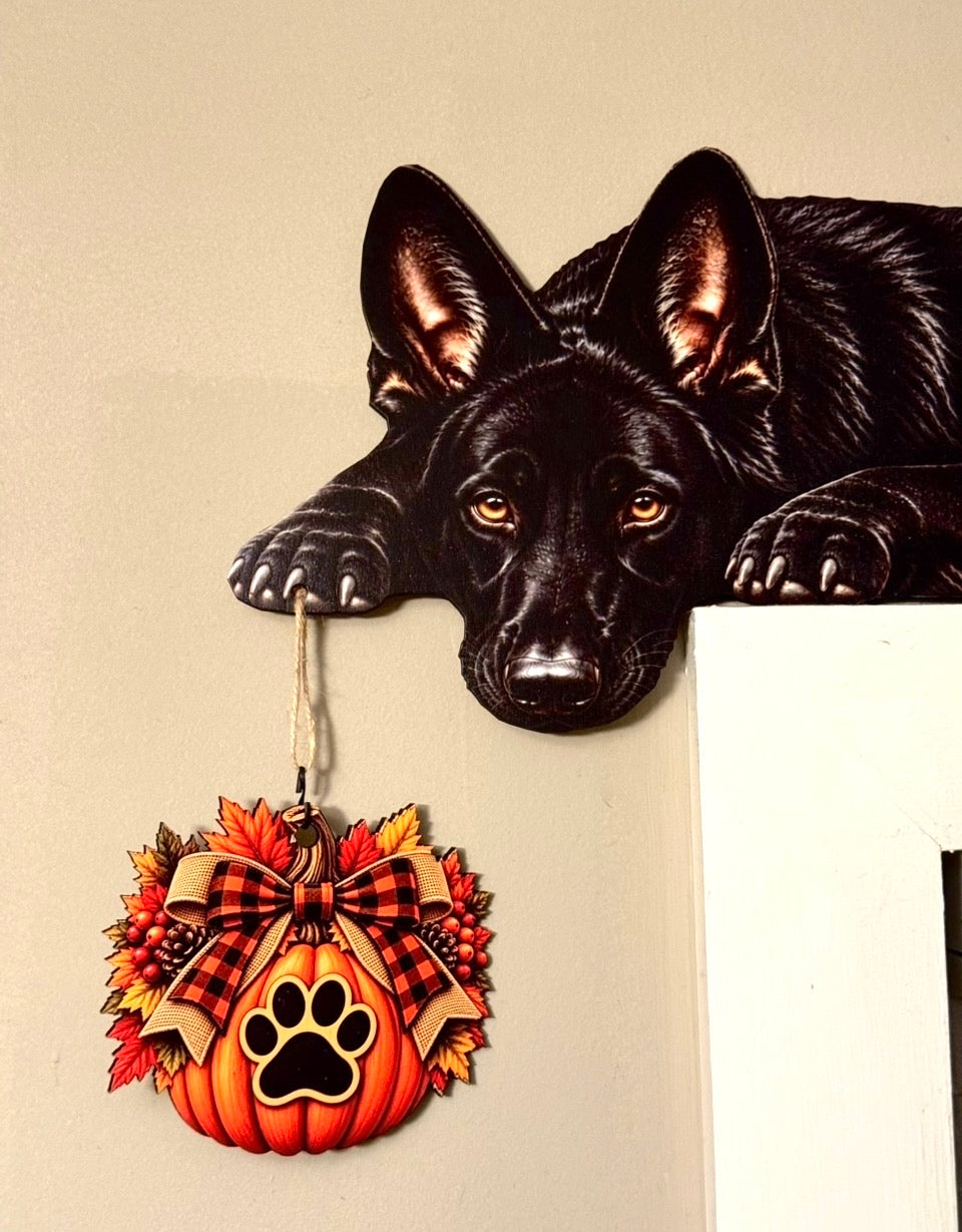 Black German Shepherd door topper with hanging fall pumpkin paw print charm”