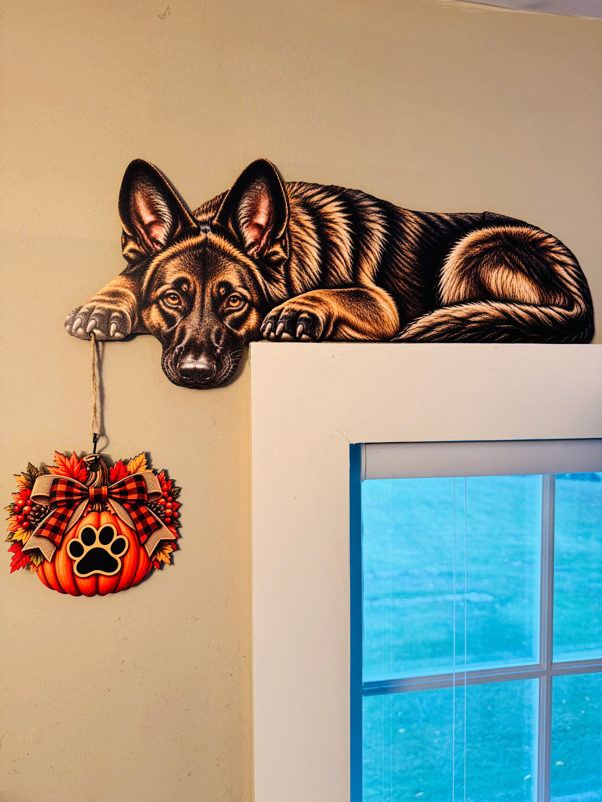 Sable German Shepherd door topper above a window with hanging fall pumpkin paw print charm