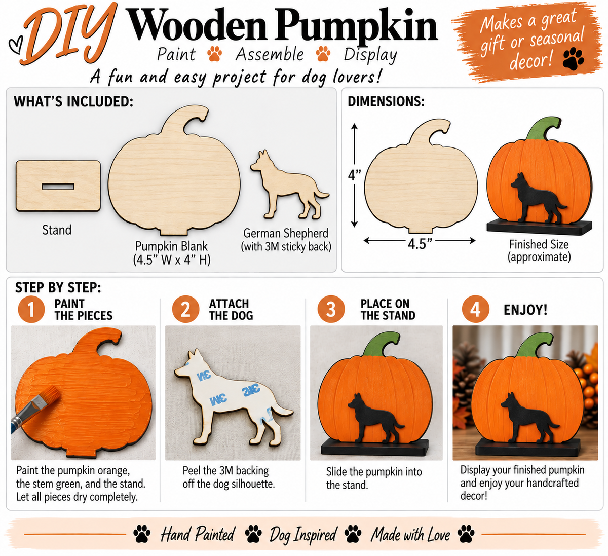 DIY German Shepherd pumpkin wood blank kit instructions with included pieces, 4.5 by 4 inch size, and assembly steps