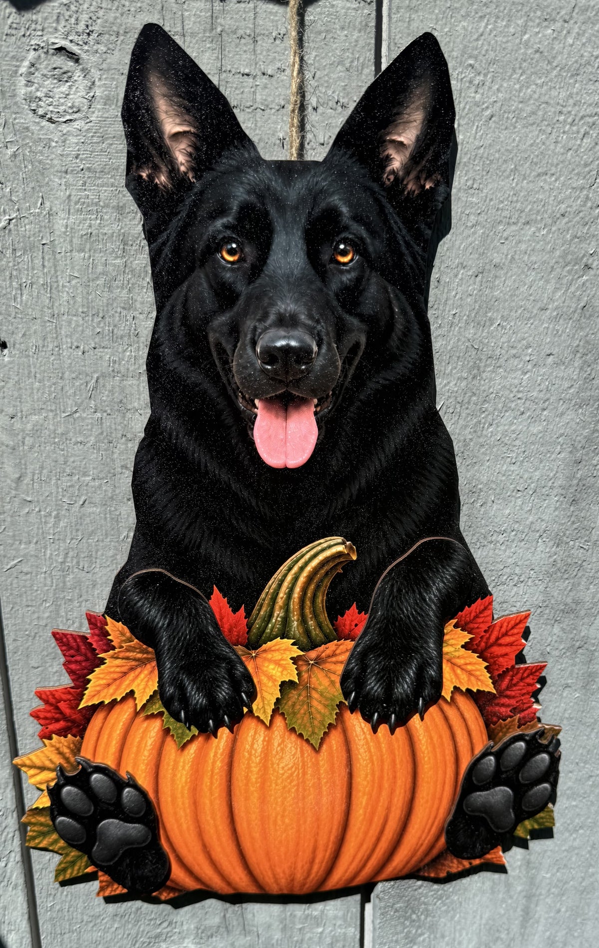 Close-up image without personalization:
Black German Shepherd leaning over a fall pumpkin on a 3D layered birch wood sign with raised paw details⠋

