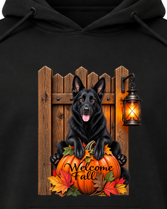 Welcome Fall Black German Shepherd pumpkin design with autumn leaves, rustic gate, and glowing lantern”