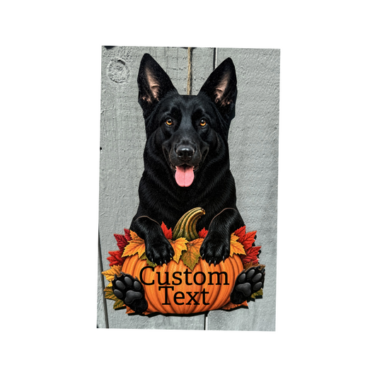 Custom 3D layered black German Shepherd pumpkin wood sign with raised paw details and personalized text