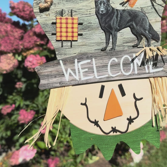 black German Shepherd and scarecrow design on a layered birch wood fall sign.