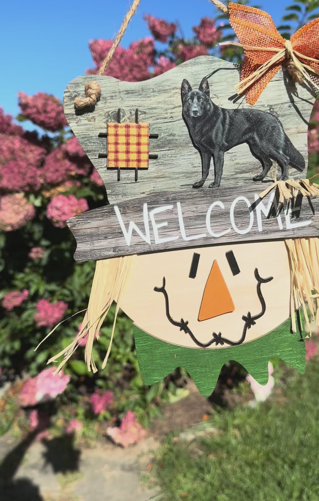 black German Shepherd and scarecrow design on a layered birch wood fall sign.